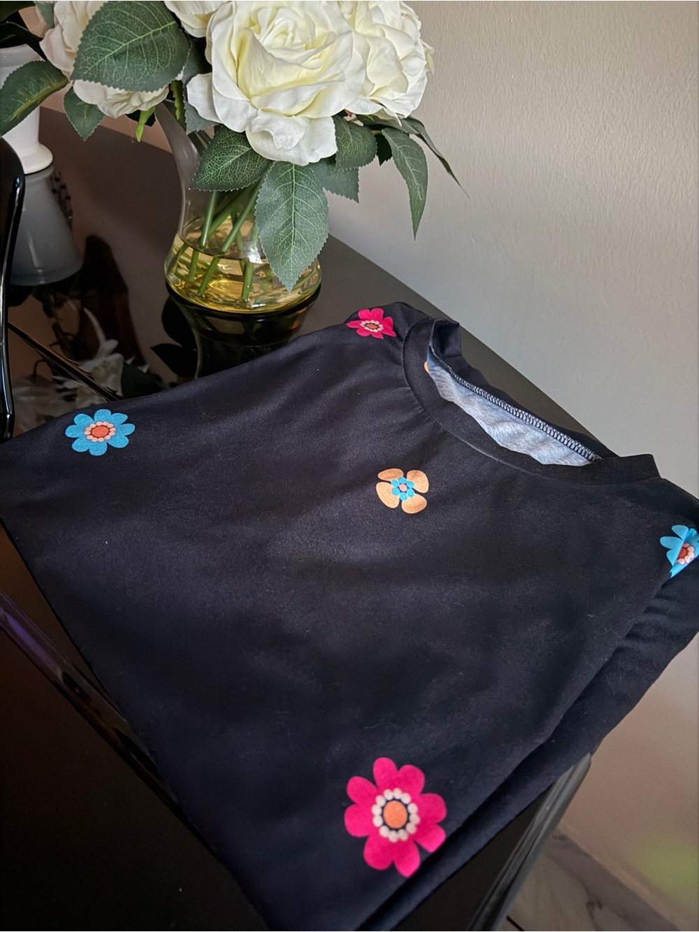 Women Black Floral Crewneck Top- T-shirt 
Size M